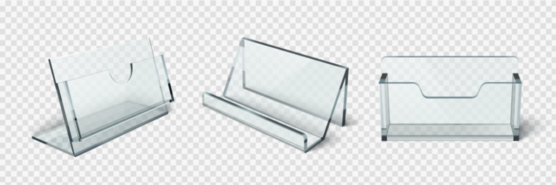 Clear acrylic stand and card holder displays for business cards or signs - transparent desktop organizers with different angles. Professional office accessories for presentations and retail counters.