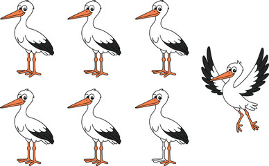 Cartoon stork bird vector set with cute flying and standing poses, white feathers, long orange beak, isolated on white background