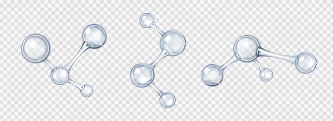 Blue glass chemical molecules with 3d atom structures connected by bonds for science visualization. Transparent spheres form molecular chains and networks for chemistry or research education.