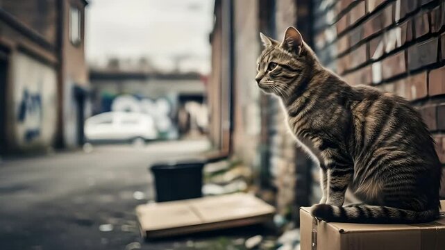 Striped tabby cat sits on cardboard in urban alleyway, watches surroundings. Use for animal welfare, urban life, pet supplies, animal care, loneliness, and environmental themes.  