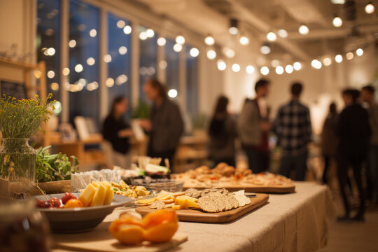 Evening in a coworking event room with soft lights and snacks on the table People are networking and exchanging business ideas The mood is warm and friendly