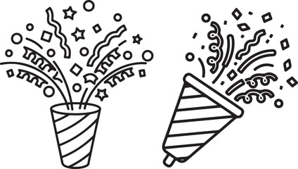 Party poppers illustration with confetti in black and white, celebratory vector design