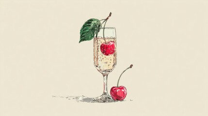 Elegant Champagne Flute with Cherries: Festive Drink Illustration