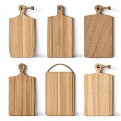 Fototapeta premium Collection of different wooden cutting boards, with varying shapes and design. The boards are made of natural wood, showing the texture and grain