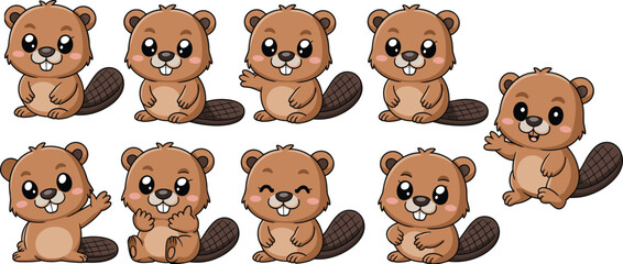 Cute cartoon beaver mascot set with various expressions and poses, vector illustration, smiling animal character, isolated on white background