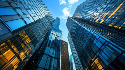 Low angle view of modern skyscrapers against a clear blue sky