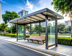 Fototapeta premium Modern and clean bus shelter located in a quiet residential neighborhood in Singapore, representing urban mobility infrastructure.