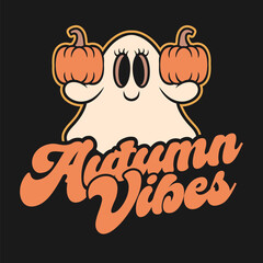 Autumn Vibes Fall Pumpkin Halloween T shirt Design, Halloween Cute Ghost Sublimation, Autumn Fall T-shirt Design for Print, Fall Quotes Graphic Poster