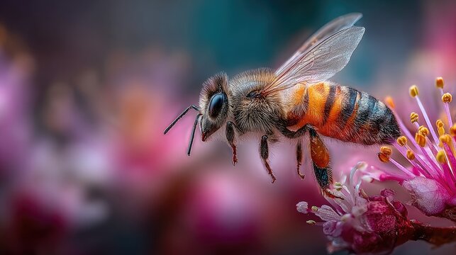 Honeybee in flight, close-up on pink blossoms