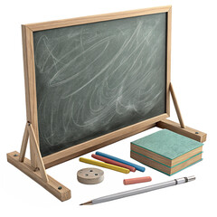 Classic chalkboard with colorful chalk sticks and a notebook, ready for learning and creativity