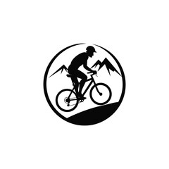 Fototapeta premium Mountain biker silhouette with mountains in a circle. Vector logo icon for cycling sport and outdoor adventure.