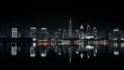 Fototapeta premium Monochromatic nightscape, city buildings reflected in still water, geometric, abstract
