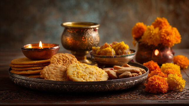 Festive thali with Mathri, namak pare, and sweets, decorated with diya and marigold flowers