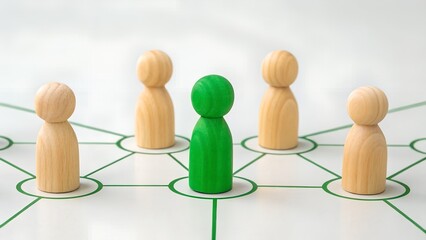 Obraz premium Central Leadership Concept – Influence, Network Dynamics, and Key Individual Symbolism, Abstract, Business, Green Figurine Connected to Others in Wooden Network Pattern
