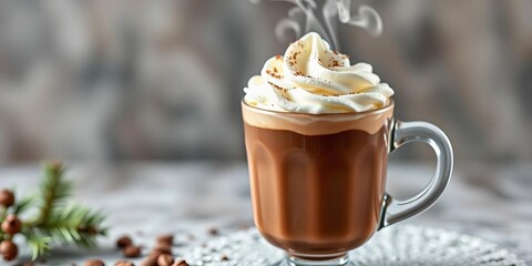 Steaming hot chocolate topped with fluffy whipped cream in a clear glass, chocolate, brown