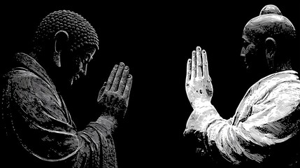 Serene Monks in Prayer:  Black and White Engraving Style Art for Meditation, Spirituality, and Peace