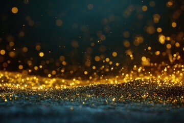 Naklejka premium Golden particles shimmer against a dark backdrop during a festive atmosphere, creating an enchanting visual feast filled with magic and elegance
