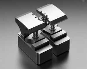 Close up of two metal vises used for holding an object in place while it is being worked on in a machine shop