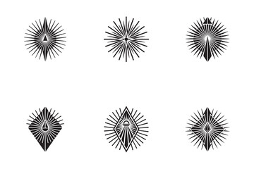 Collection of Six Geometric Sunburst Designs in Black and White for Various Creative Projects and Backgrounds