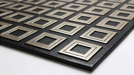 Elegant Silver Square Frames on Black Leather Background:  Modern Geometric Pattern Texture