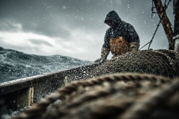Commercial fisherman hauling in nets filled with fish on a stormy sea under dark clouds during a challenging harvest