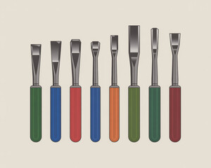 A set of various chisels for woodworking and carpentry, essential tools for crafting and repair isolated on white background