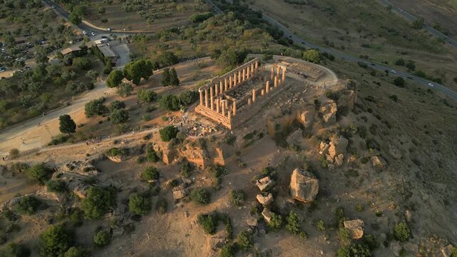 4K Aerial of the Valle Dei Templi at sunset, in Agrigento, Sicily in July 2025