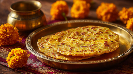 Fresh Puran Poli on brass plate with festive marigold decor around