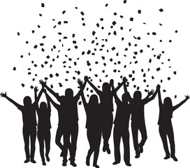 Silhouette of cheering people with confetti falling, vector illustration