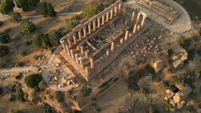 4K Aerial of the Valle Dei Templi at sunset, in Agrigento, Sicily in July 2025