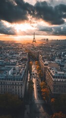 Parisian cityscape at sunset, Eiffel Tower in the distance