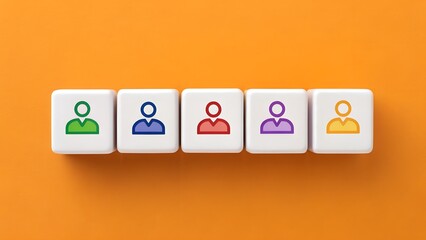 Diversity in Unity Concept – Inclusion, Equality, and Team Representation, Abstract, Social, Colored Person Icons on White Tiles Against Orange Background