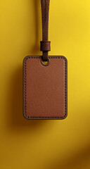 Closeup of a brown cardboard tag hanging from a rope against a yellow background, perfect for adding your own text and design