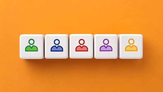 Diversity in Unity Concept – Inclusion, Equality, and Team Representation, Abstract, Social, Colored Person Icons on White Tiles Against Orange Background