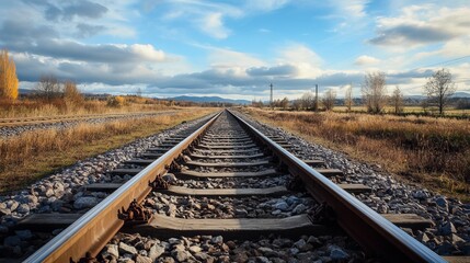 Fototapeta premium Railroad tracks stretching into a distant autumn landscape under a partly cloudy sky