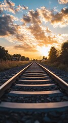 Fototapeta premium Railroad tracks stretching into a golden sunset (1)