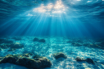 Sunlight streams through the clear blue ocean surface, illuminating the sandy and rocky seabed below.