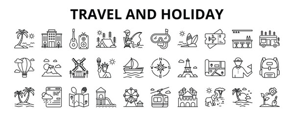 30 Travel and Holiday Line Icons Vector - Beach, Hotel, Summer Camp, Caravan, Island, Waterpark  