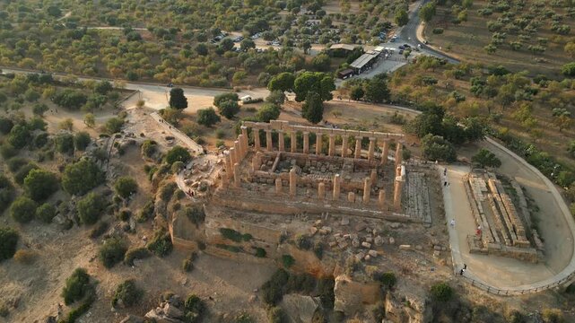 4K Aerial of the Valle Dei Templi at sunset, in Agrigento, Sicily in July 2025