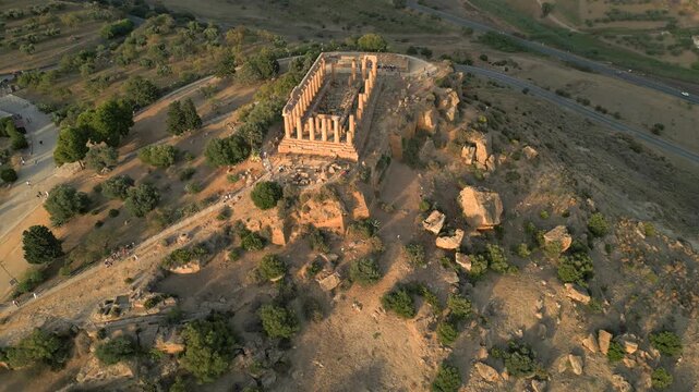 4K Aerial of the Valle Dei Templi at sunset, in Agrigento, Sicily in July 2025