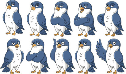 Cartoon blue falcon character collection with various poses and facial expressions, vector bird illustration, funny mascot, isolated on white background