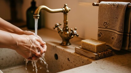 A person washes hands with natural handmade soap under running water in a rustic sink, promoting cleanliness and preventing the spread of germs.