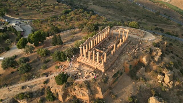 4K Aerial of the Valle Dei Templi at sunset, in Agrigento, Sicily in July 2025