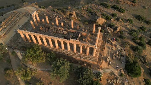 4K Aerial of the Valle Dei Templi at sunset, in Agrigento, Sicily in July 2025