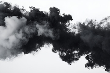 A thick plume of dense black smoke billows horizontally across a stark white background, symbolizing pollution.
