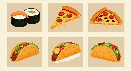Colorful Sushi Pizza Taco Food Illustrations on Beige Background