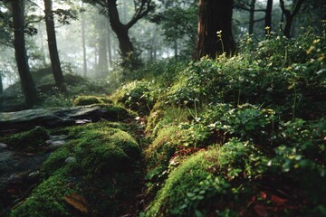 Misty forest floor, moss-covered rocks, and lush undergrowth