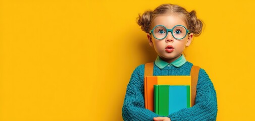 Surprised little girl with glasses holding books on yellow background
