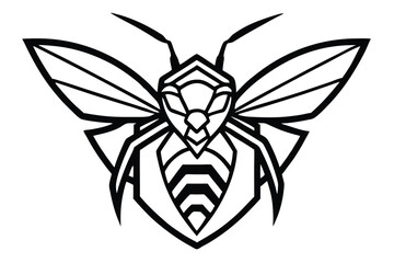 A stylized black and white bee presents sharp lines and geometric wing details