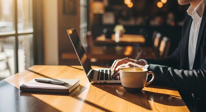 Focused businessman working on a laptop in a sunlit cafe, managing his business remotely over a cup of coffee.